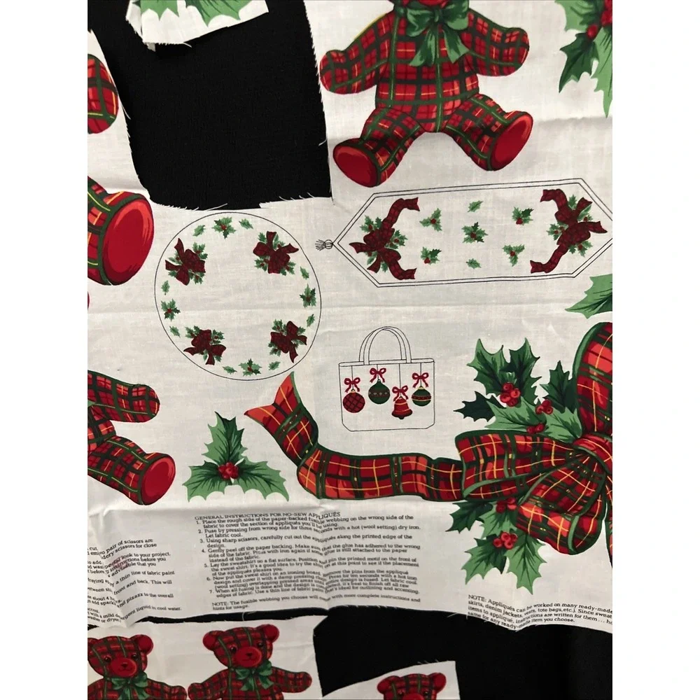 Vintage Christmas Red Plaid Teddy Bear Bows Applique Fabric Panel Cranston